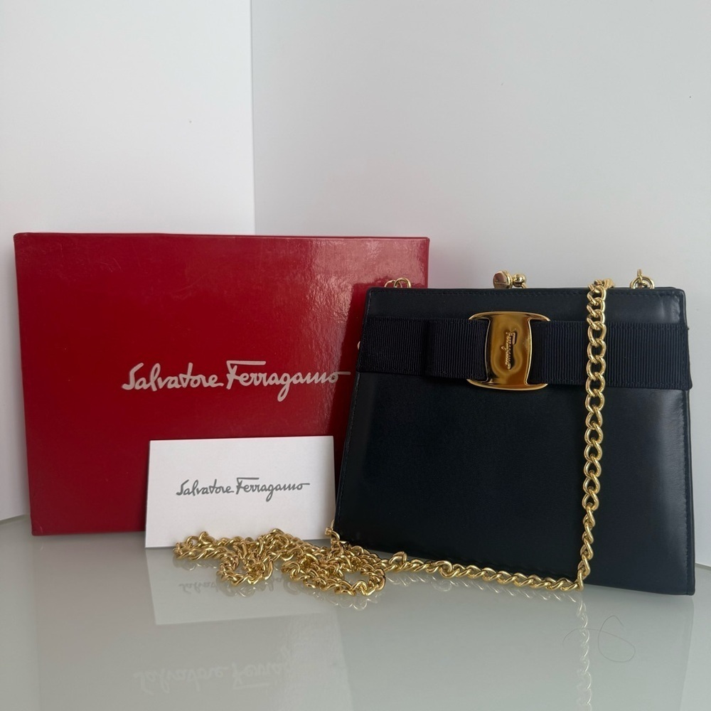 Salvatore Ferragamo Navy Blue Leather Evening Kiss Lock Bag with Gold Chain